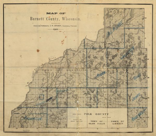 Map shows lakes, rivers, schools, saw mills, post offices, creameries, and churches. Includes significant manuscript annotations showing township divisions.