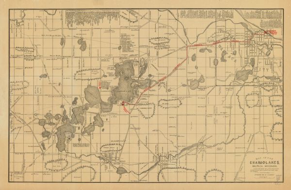 This 1896 map of the Chain-O-Lakes region of Waupaca County, Wisconsin, shows the lakes and streams, some topography, archaeological sites, roads, railroads, trails, property owners, businesses, the city of Waupaca, and points of interest in the area. Directories of property owners, the city of Waupaca, and residents of the Wisconsin Veterans Home at King are provided and the route of the Waupaca Electric Railway is highlighted in red. 

