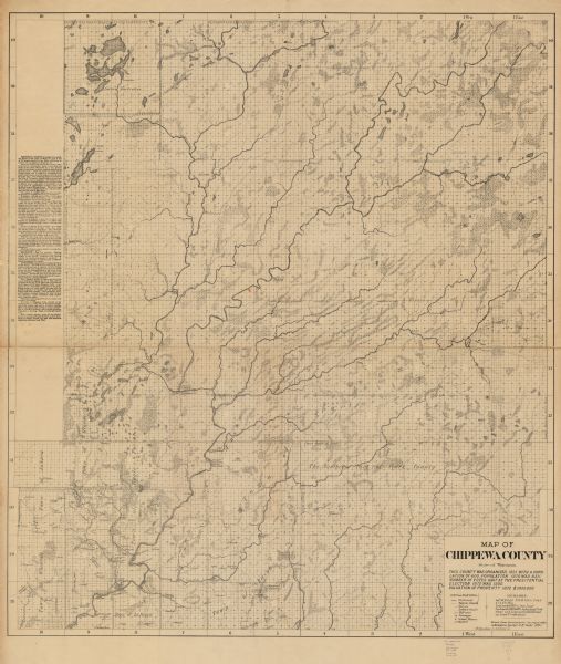 This 1873 map of Chippewa County, Wisconsin, which at the time also encompassed all or part of Price, Rusk, Sawyer, and Taylor counties, shows the township and range grid, towns, sections, cities, villages, and settlements, the Indian reservation at Lac Courte Oreilles, railroads, wagon roads, Indian trails, mill sites, rural residences, schools, churches, dams, windfalls, and lakes, streams, and wetlands. A portion of northern Clark County is also depicted. Promotional text about Chippewa County is printed in the left margin.