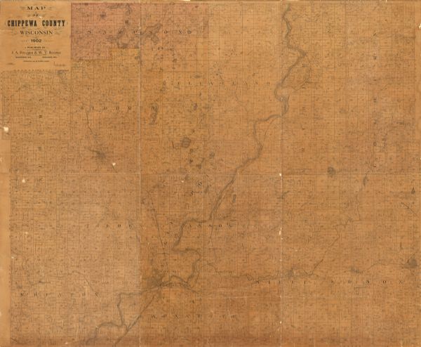 This 1902 map of Chippewa County, Wisconsin, shows the township and range grid, towns, sections, cities, villages and post offices, land ownership and acreages, rural residences, railroads, roads, churches, schools, mills, and lakes and streams.