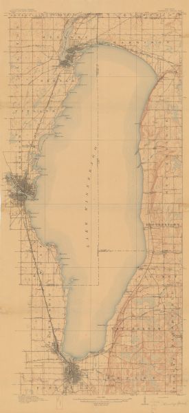 This 1911 topographic map shows Lake Winnebago and the surrounding area. The township and range grid, counties, towns, sections, cities, villages and post offices, railroads, roads, buildings, cemeteries, and streams and wetlands are depicted.
