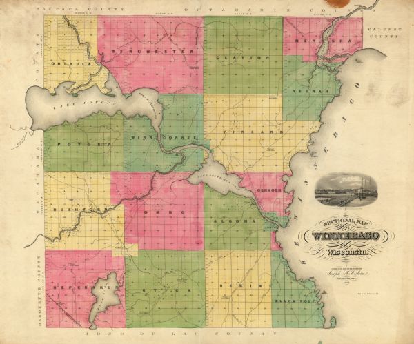 This 1855 map of Winnebago County, Wisconsin, shows the township and range grid, towns, cities, villages, and post offices, roads, and lakes and streams.