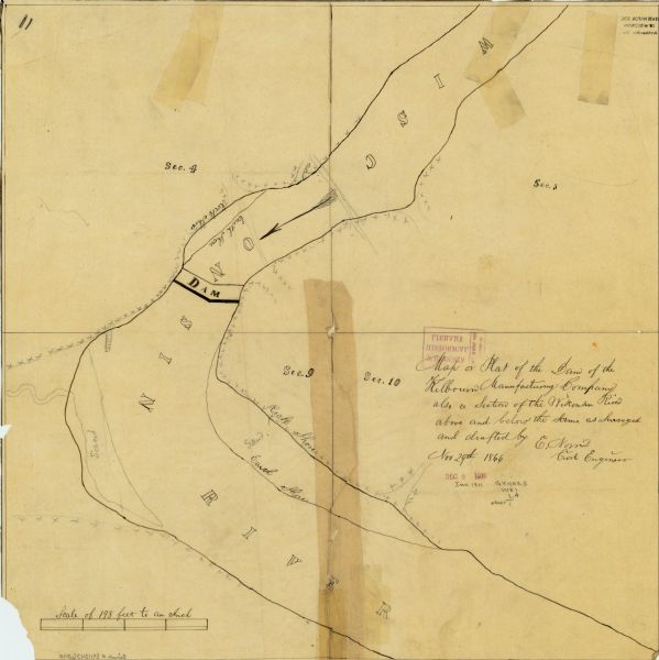 This manuscript map by Increase Lapham shows the Dells of the Wisconsin River, from Stand Rock and Witches Gulch at the north to a point approximately one mile downstream from the Sugar Bowl Rock. The dam at Wisconsin Dells, here labeled Kilbourn City, tributary streams, and the sections through which the river flows are identified and a profile of the entire length of the Wisconsin River, giving the elevation above Lake Michigan at several points, is shown.

