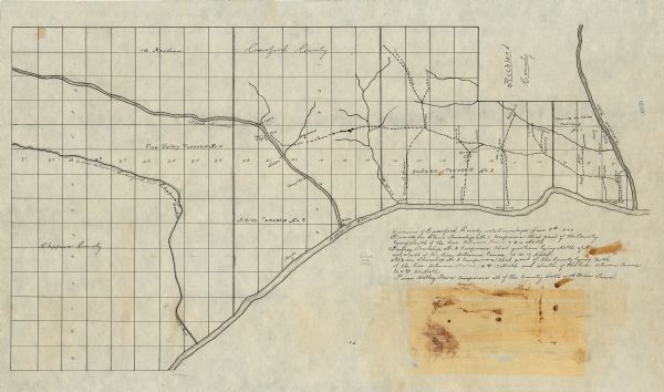 Shows county line boundaries, rivers, and falls. Includes explanation of township and county divisions. Pen and pencil on paper. Title supplied by cataloger, derived from text on map.