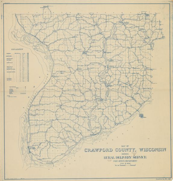Blue line print. Shows post offices, houses, schools, churches, roads, routes, rivers, and railroads. Includes explanation of symbols.  "H.G.M. October 12, 1911"--Lower left margin.  "Crawford Co., Wis. 152"--Lower right margin. "Price 35 cents"--Upper left margin.