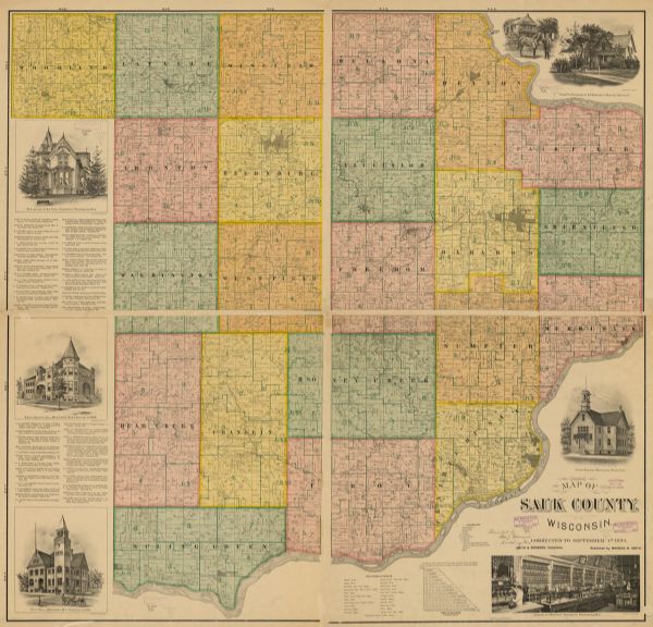Shows townships and sections, landownership and acreages, buildings, and school districts. Includes vignettes of local buildings, business directory, list of county post offices, and table of distances. Manuscript annotation: "Presented by Geo. J. Seamans, Reedsburg, Wis." Map is corrected to September 1893.