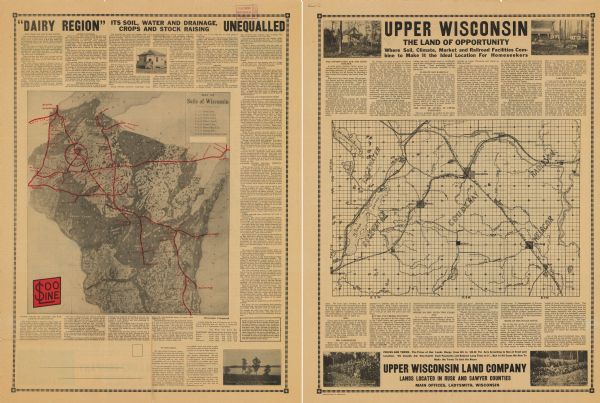 This map from around 1916 shows the Soo Line railroad lines on a soil map of the state of Wisconsin. The map on the verso shows the township and range grid, towns, sections, villages, railroads, roads, and lakes and streams in southwestern Sawyer County. Text and illustrations on both sides of the sheet describe the agricultural prospects of Sawyer County.