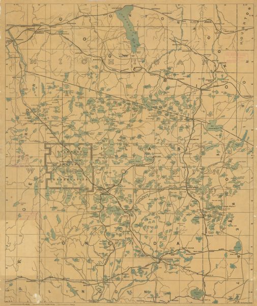This late 19th century map of northern Wisconsin and a portion of Michigan's Upper Peninsula shows the township and range grid, the (Lac du) Flambeau Indian Reservation, cities and villages, railroads, wagon roads, trails, and lakes and streams in Vilas, Iron, Price, Forest, Lincoln, and Oneida counties in Wisconsin and Gogebic, Ontonagon, Houghton, and Iron counties in Michigan.