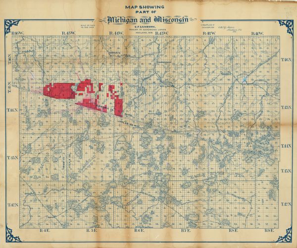 Shows swamps, lakeside acreages, railroads, trails, and townships in parts of Vilas and Iron Counties, Wisconsin and Gogebic County, Michigan. Relief shown by hachures. "G.F. Sanborn, dealer in hardwood lands, Ashland, Wis."