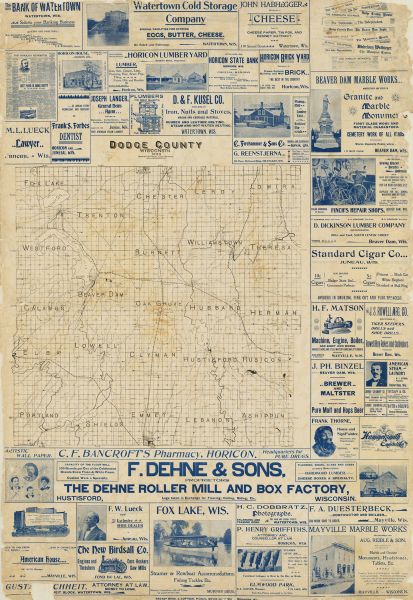 This 1899 map of Dodge County, Wisconsin, shows the township and range grid, towns, sections, cities and villages, roads, railroads, post offices, cemeteries, schools, churches, town halls, the state prison at Waupun, Horicon Marsh, and lakes and streams. Advertisements are printed in the margins.