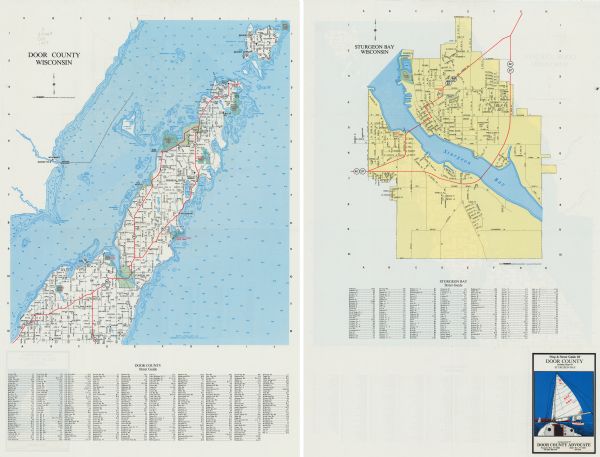 This 1987 map of Door County, Wisconsin, shows streets and roads, cities and villages, state parks, lakes and streams, and depths in Lake Michigan. A street map of Sturgeon Bay is printed on the verso and street indexes are provided for both maps.