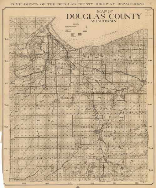"Compliments of the Douglas County Highway Department"--Top margin.  Shows state-trunk highways, county highways, town roads, trails, boundaries, and concrete, gravel, graded, or unimproved roads.
