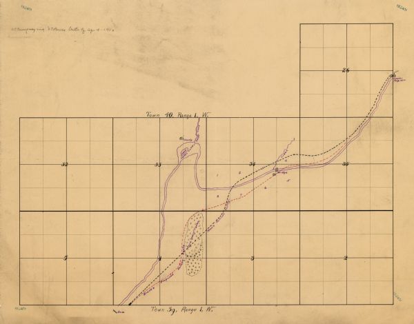 This map is ink on paper. Shows Bruce’s proposed railway route and Moon’s railroad survey route along the Flambeau River, in parts of Lake and Eisenstein townships, Price County. "Town 39, range 1, W."  "Accompanying [N.C. Bruce?] letter of Apr. 4, 1910." From the E.P. Sherry papers relating to lumbering in the Flambeau flowage.