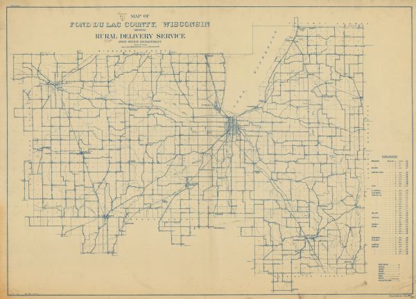 Shows roads, railroads, post offices, schools, houses, churches, routes, and collection boxes.  Includes distant chart and explanation.  "Price 35 cents"--Upper left margin.  "May 17, 1911"--Lower left margin.  "Fond du Lac Co., Wis., 215"--Lower right margin.