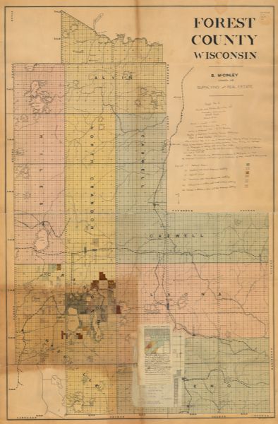 "Map no. 2, Keith and Hiles Lumber Co., Crandon, Wisconsin, Block Map, Block One... Made December 20, 1919. Maker of original map, B. McGinley. Maker of taxpayers’ markings hereon, A.E. Germer. State in which created, Wisconsin. The original map is a map of Forest County, showing county boundaries, public survey lines, streams and bodies of water, towns, railways, and highways."  Includes significant manuscript annotations, coloration, and legend.  Also includes attached sheets of two inset maps of Sec. 34, Town. 36, Range 13 E and City of Crandon, Tp. 36, R. 13 E, and attached sheet of tracts in Crandon, Wisconsin.