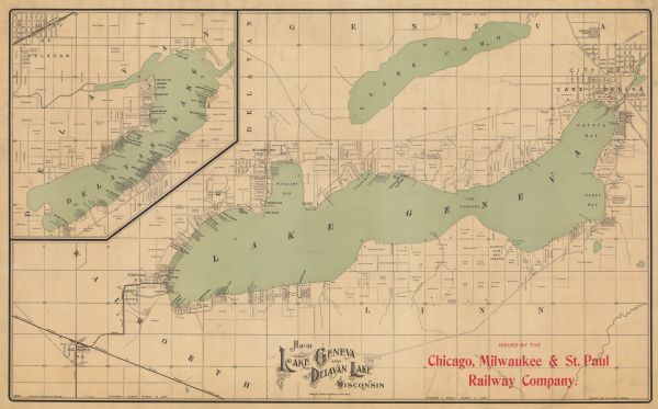 Shows post offices, railroads, country clubs, and land ownership by name. Also shows the cities of Lake Geneva and Delavan and Lake Como. "Suggestions for summer trips"--Back of cover.  "Copyright, 1907, by F.A. Miller, Chicago"--Lower right margin.