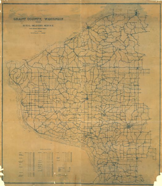 Shows roads, railroads, post offices, schools, houses, churches, and routes. Includes distant chart and explanation. "Price 35 cents"--Upper left margin. "April 15, 1910"--Lower left margin.