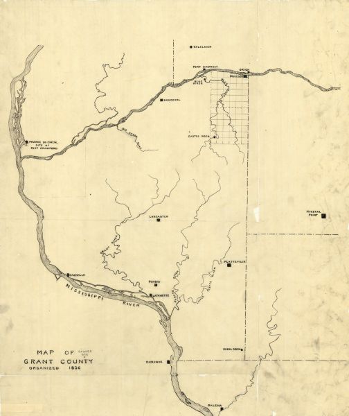 Ink on tracing paper. This map shows rivers, Prairie du Chien, site of Fort Crawford, Excelsior, Fort Andrew, Boscobel, Blue River, Orion, Muscoda, Castle Rock, Lancaster, Cassville, Potosi, Lafayette, Platteville, Mineral Point, Hazel Green, Dubuque, and Galena as it appeared in 1836.