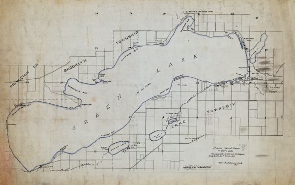 Ink and watercolor on tracing cloth. Shows parts of Green Lake, Princeton, and Brooklyn townships, Indian mound groups, Green Lake, and other significant bodies of water. "Map prepared for the Wisconsin Archeological Society." "Compiled from field notes of survey completed by Mr. Brown, in 1913. See also Society’s Green Lake publication."