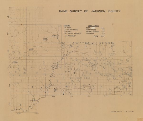 Shows location of deer, partridge, quail, prairie chicken, and pheasants. Includes game count table and significant manuscript annotations. Dated "3-25-39."