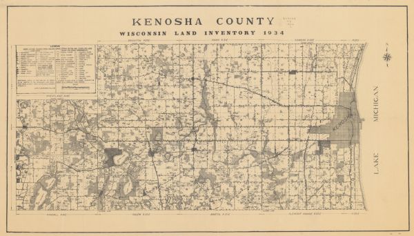 A land inventory map of Kenosha County. The top left features a legend of "Land Cover" and "Roads and Other Improvements". Lake Michigan is labelled to the far right of the map.