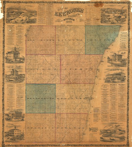 Map shows townships and sections, landownership and acreages, roads, railroads, post offices, and farms. Sections appear in pink, yellow, and blue. On the top and sides of the map are advertisements of local points of interest.