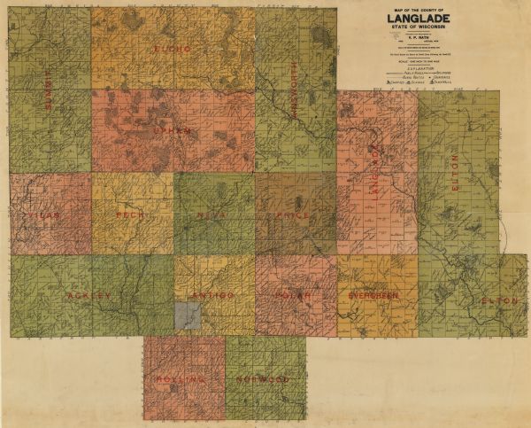 Map shows townships and sections, landownership and acreages, rural routes, roads, railroads, creameries, churches, schools, and town halls. Sections appear in green, yellow, and pink, print is in red and black. In the upper right corner is an "Explanation".