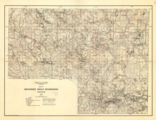 Map of the Menominee Indian Reservation. Legend reads: "Topographic and cultural data were obtained from field notes of a timber cruise and land classification by forty acre legal subdivisions conducted in 1914-1915. Distances and locations were obtained by compass lines and foot pacing with identification of section corners. The contour intervals indicating ten foot changes in elevation, are relative, no absolute elevations being determined nor base lines run. J.P. Kinney, Chief Supervisor of Forests."