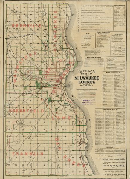Map shows railroads, roads, street car lines, schools, churches, cemeteries, town halls, and railroad stations. Includes inset lists of: Population of Milwaukee County (cities, villages and townships), Population of Milwaukee County census beginning with 1840, County Government departments and officers, index of Rivers, creeks, and streams, index of Railroads, index of Streets, avenues, roads, etc.  Cover dated 1906, map dated 1903.