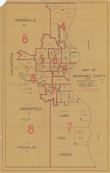 Map shows wards and assembly districts for Milwaukee County as of September 1938. The map contains annotations in what appears to be pencil showing senatorial districts. Boundaries and numbering are in red.