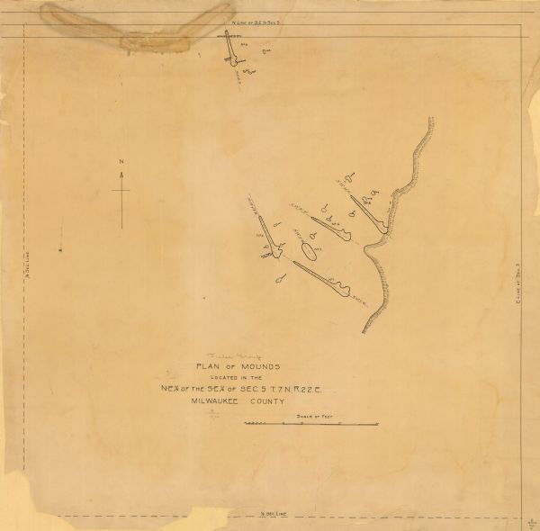 An ink on paper map for a plan of mounds in Milwaukee county. The map is situated pointing north.