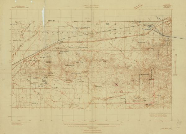 Top of the map reads: "SPECIAL MILITARY MAP 2626:2757:/27:2080:" and "Advance sheet, subject to correction." Bottom right of the map reads: "South Range gun emplacements indicate location of center of concrete shelters North Range gun emplacements indicate location of center of wooden platforms". Relief shown by contours and spot heights. Contour interval 20 feet. Land marks including bodies of water, landforms, and points of interest are labelled.
