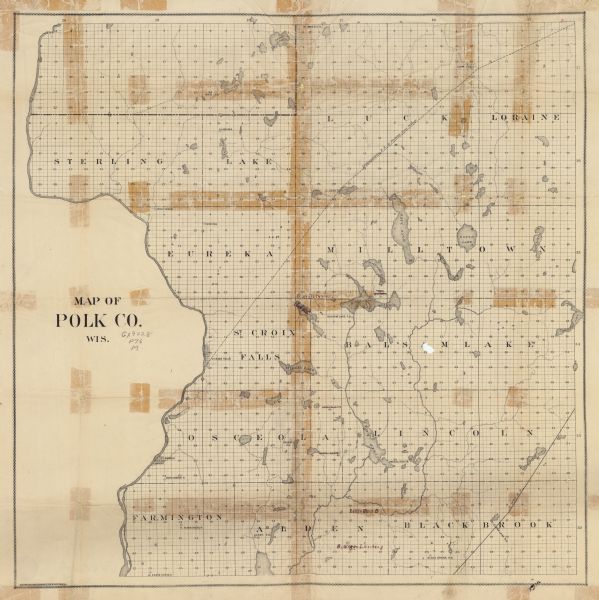Map created between 1871 and 1880. Shows townships, post offices, a possible railroad to Penoka Iron Range, and the North Wisconsin Railroad.