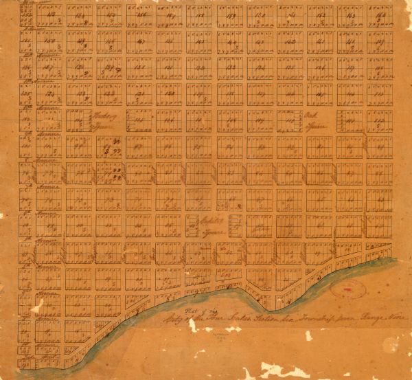 Map of what may be residential plots on the lake near Pheasant Branch. Streets begin top to bottom with Lake Street and going up to 14th Avenue. Streets running lengthwise begin with what appears to be "Yehon Street" and end with "Michigan Street". Three squares are listed on the map: "Hickory Square", "Oak Square", and "Capital Square". At the bottom is the label "Plot of the City of the Four Lakes. Section Six, Township Seven, Range Nine."