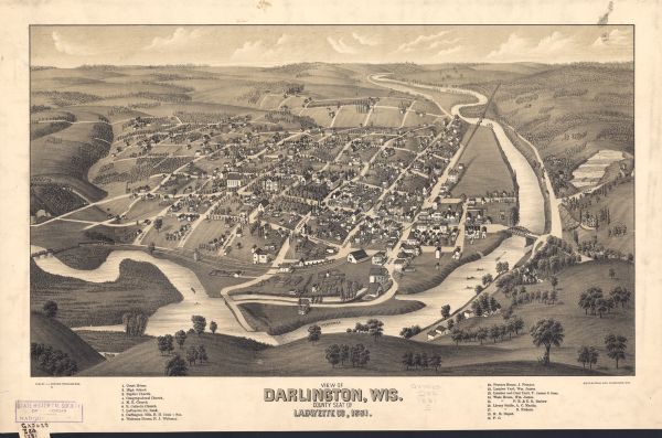 View of Darlington, Wisconsin, County Seat of Lafayette County Darlington's first settlers arrived by 1826, attracted by the lead mines of the area. Arrival of the railroad in 1856 stimulated growth, and in 1857 the county seat was moved to Darlington from Shullsburg.