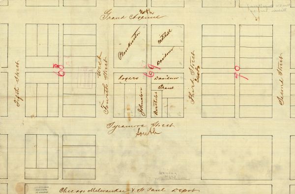 Ink on tracing cloth. Shows property owners in block 69, between Fourth and Third Street.