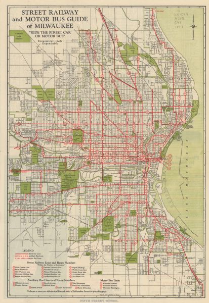 Street railway and motor bus map with a legend of "Street Car Line," "Auxiliary Bus Lines," and "Motor Bus Lines." The routes are numbered. The map reads: '"RIDE THE STREET CAR OR MOTOR BUS" Economical-Safe Dependable.' "Where to go and how to get there by street car and motor bus."