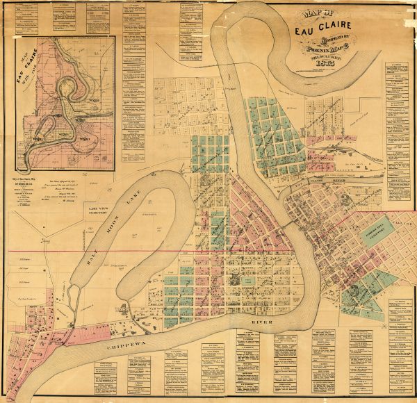 Shows land ownership by name, local streets, buildings, cemeteries, Chippewa River, and Half Moon Lake. Includes 1 inset map of Eau Claire. Also includes city officers for 1875 and list of local businesses.