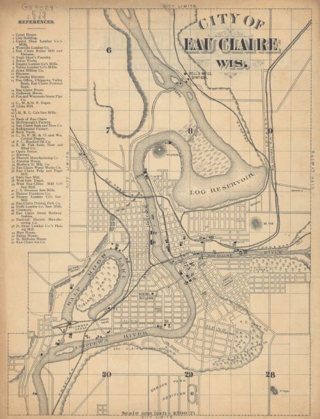 Shows city limits, railroads, mills, schools, cemeteries, dams, parks, lumber yards, log canals, log reservoir, Chippewa River, Eau Claire River, and Half Moon Lake. Includes index to mills, local businesses, and government buildings. Verso contains stationary imprint of the City of Eau Claire, Health & Poor Department.