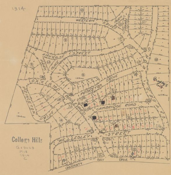College Hills Madison, Wisconsin Shows lot numbers and dimensions; covers portion of the neighborhood currently known as Shorewood Hills. Includes red annotations showing houses and sold lots.