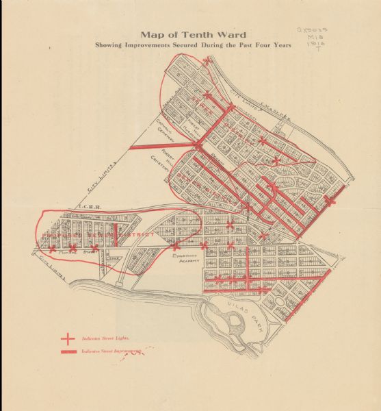 Shows streetlights, streets improvements, and sewer districts in red. Points of interest are labelled. Map reads: "Map of Tenth Ward Showing Improvements Secured During the Past Four Years". Back reads: "Compliments of Herman J. Steffen, alderman from tenth ward, candidate for re-election, April 4, 1916". Includes Steffen’s portrait and council record on the back.