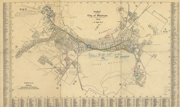 This map includes a street index. The map is oriented with the north toward the upper right. Includes handwritten annotations of the 1935 bus routes.