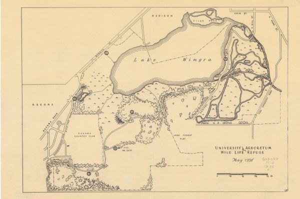 Map of the University of Wisconsin-Madison arboretum and wild life refuge. Roads are labelled, left to right: "Nakoma Road," "Monroe St.," "Manitou Way," "Capitol Ave.," "Erin St.," "S. Mill St.," "Fish Hatchery Road," and "S. Park St." Also labelled is "Nakoma," "Nakoma Country Club," "Lake Wingra," "Lake Forest Plat."