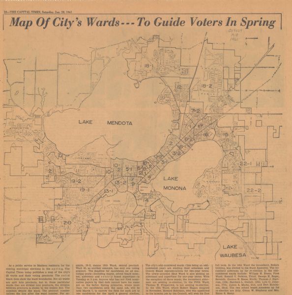 Shows wards and voting precincts. Published in <i>The Capital times</i>: January 28, 1961.