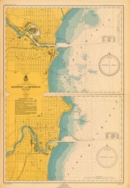 Water depths shown by bathymetric tints, isolines, and soundings. Relief shown by contours. "Soundings in feet." "Aids to navigation corrected to May 4, 1951." On verso: Outline of charts of the Great Lakes: Lake Champlain, New York canals, Minnesota-Ontario border lakes.