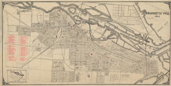 Shows wards, sections, plat additions, selected buildings, churches, schools, and manufacturing companies. "We have revised this map from H. McCallum’s 1899 edition, being aided by city & county records, U.S.A. harbor map, insurance maps, and other authentic sources of information, and it is practically correct." "Sept. 1912."Inset: Map showing the city limits.