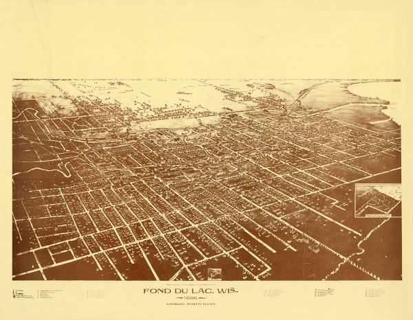 Fond du Lac, Wisconsin Bird's-eye map of Fond du Lac, looking north west, with two insets of the P.H. Stamm residence, and the Proposed Lakeside Park. thirty-five locations identified beneath image. Image bordered by Western Street at top left corner, Scott Street at top right corner, Harney and Eleventh Streets at bottom left corner, and Division Street at bottom right corner.