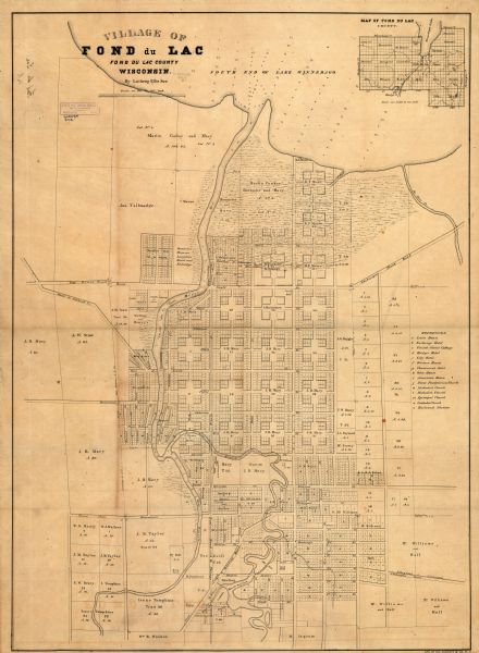 Shows plat of town, land ownership by name, local streets, courthouses, churches, hotels, mills, railroads, railroad stations, lakes, and rivers. Includes index to key buildings. Inset map: Map of Fond du Lac County.
