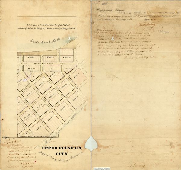 Ink, pencil, and watercolor on paper. Register’s certificate in margin. On verso: Surveyor’s and Notary’s certificates. "Lot No: Four & South East Quarter of South East Quarter of Section No: thirty six, Township: twenty N. Range twelve W." Shows plat of town, local streets, and parts of the Mississippi River and Eagle Creek Lake. "Surveyed August 12th 1857."