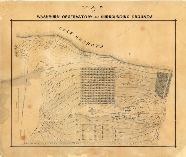 This map is pen-and-ink on paper. The map shows buildings, trees, and water and gas pipes, relief is shown by contours. The back of the map reads: "University of Wisconsin, 1880".